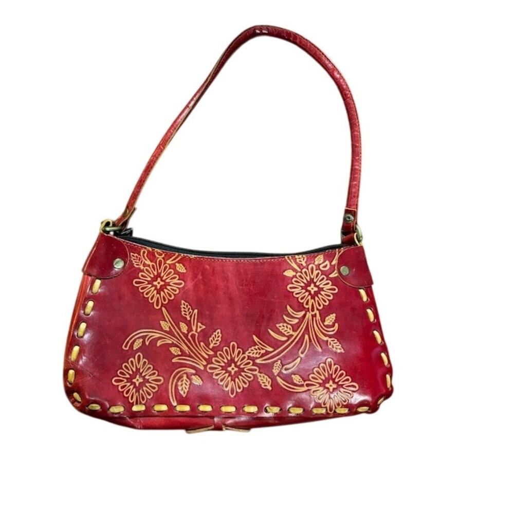 Vintage Red Tooled Leather Shoulder Bag Floral Western Purse Whipstitch Boho
